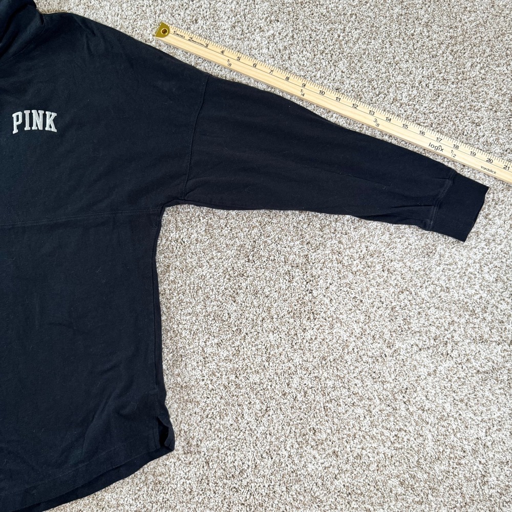 PINK Victoria's Secret Black Glitter Logo Hooded Long Sleeve Tee Shirt Womens S - Picture 6 of 14